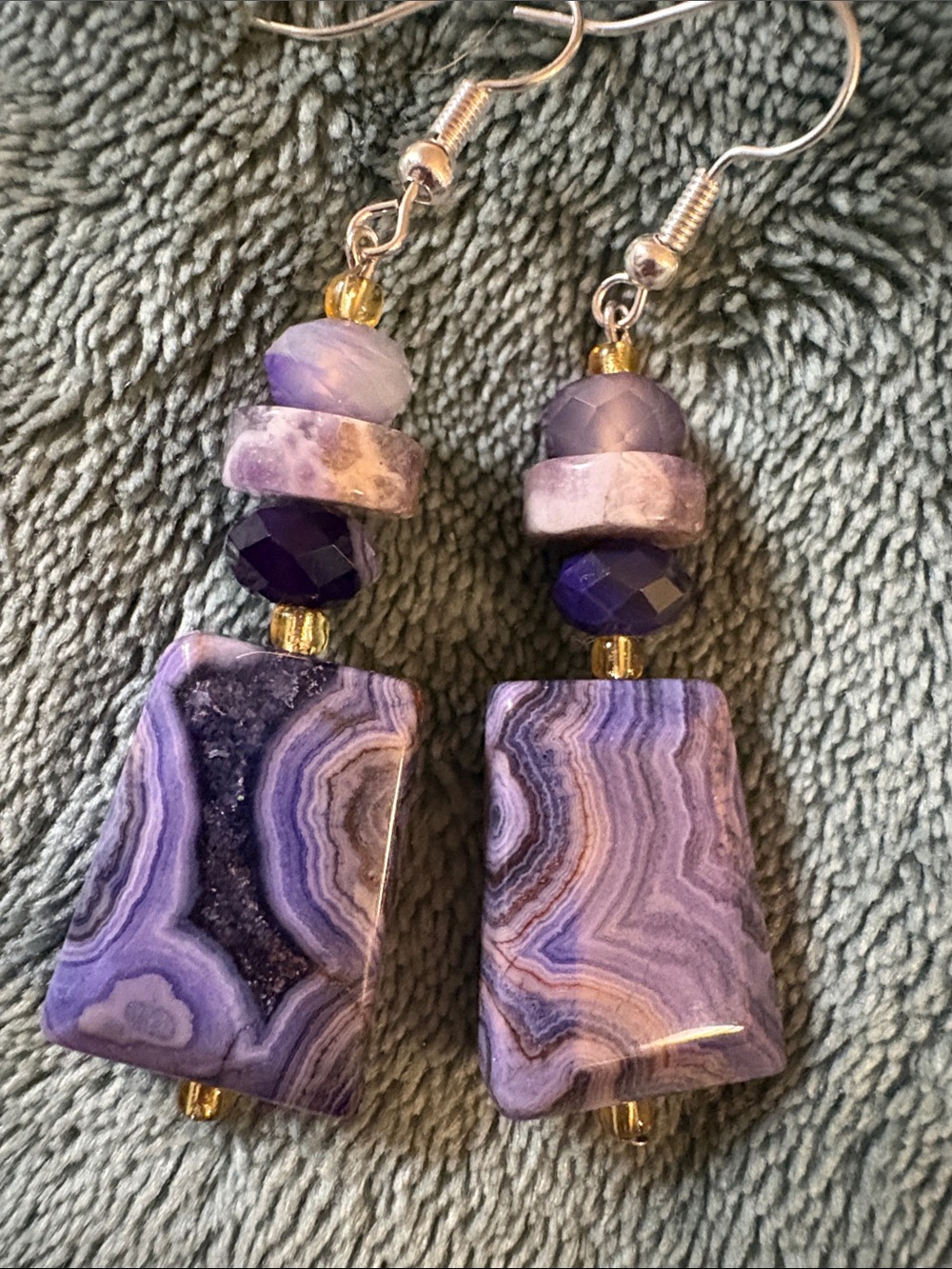 Hand Crafted Purple Agate and Amethyst Layered Drop Earrings with Gold Accents